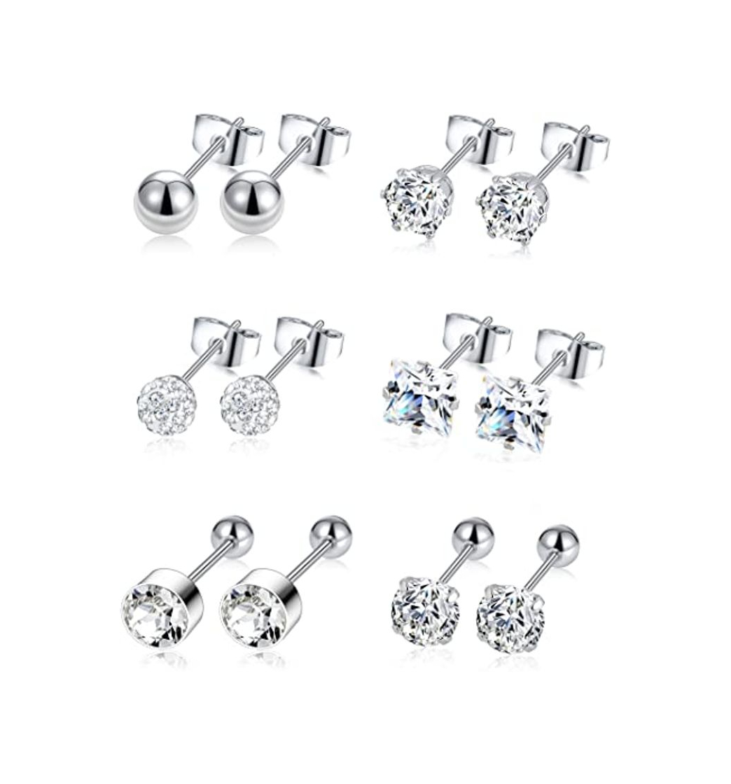 Beauty 6 Pares de Pendientes de Acero Inoxidable para Mujer Hombres Inoxidable Aretes Hipoalergénicos Zirconia Cúbica 316L CZ