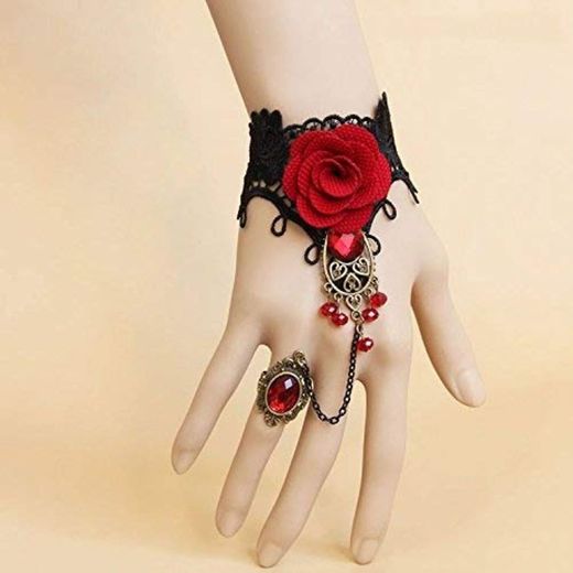 Five Season 1pcs Handmade Retro Black Lace Vampire Slave Bracelet With Fabric Flower And Red Resin Gothic Style by Five Season
