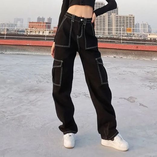 calça jeans cargo korean style