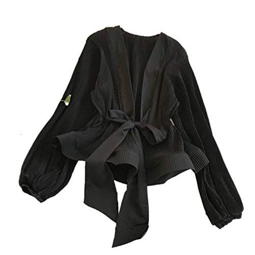 Blusas de gasa plisada de la colmena femenina cuello en V camisa para las mujeres feminina linterna manga elegante chemisier top blusa Chemise Femme Negro Negro largo Talla única