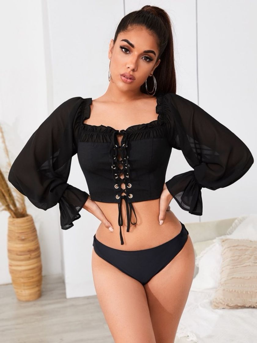 Fashion cropped preto plissado