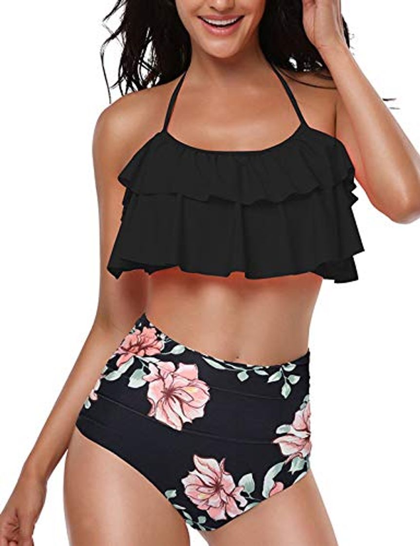 Fashion heekpek Bikini Mujer con Volantes Halter Top Relleno Cintura Alta Biquini Tallas