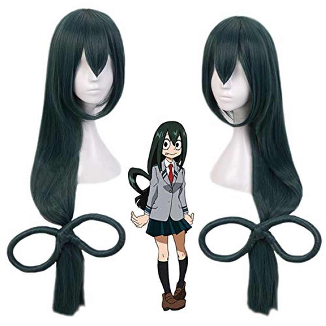 Producto Peluca de anime Cosplay para My Hero Academia Asui Tsuyu verde oscuro largo pelo recto lazo Cap juego de rol Pelucas de Halloween