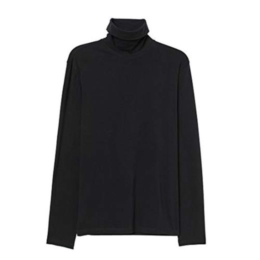 Cuello Alto Camisetas de Manga Larga Hombre Algodón Negro Marca Moda Caual