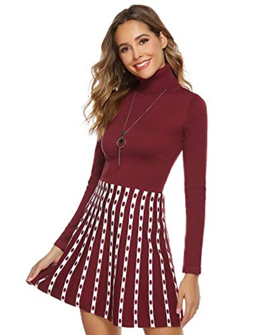 Social Hawiton Vestido de Punto para Mujer Vestido de Suéter de Cuello Alto Elegante Jersey de Manga Larga de Una Línea para Otoño Invierno