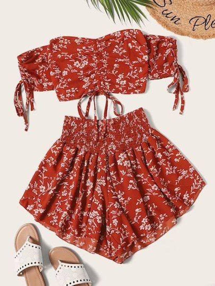 Social Ditsy Floral Ruched Crop Top With Shirred Shorts