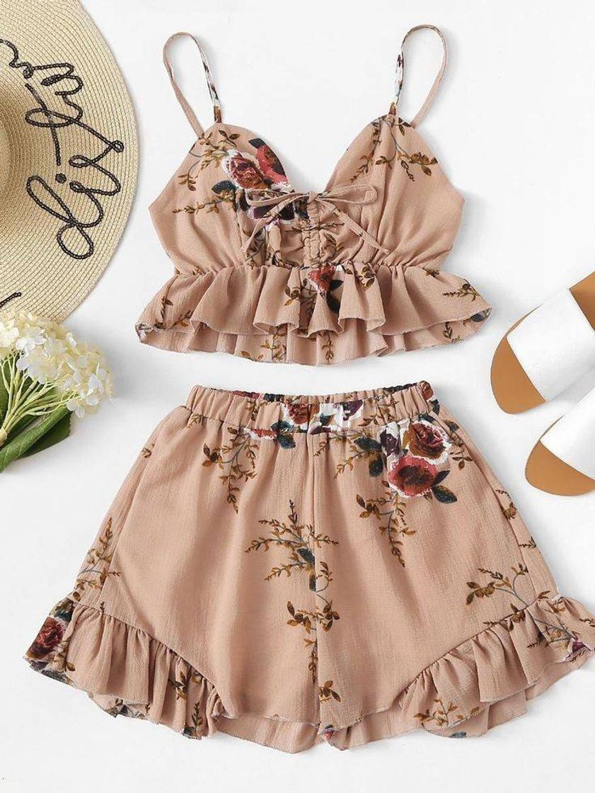 Social Ruffle Hem Floral Print Cami With Shorts