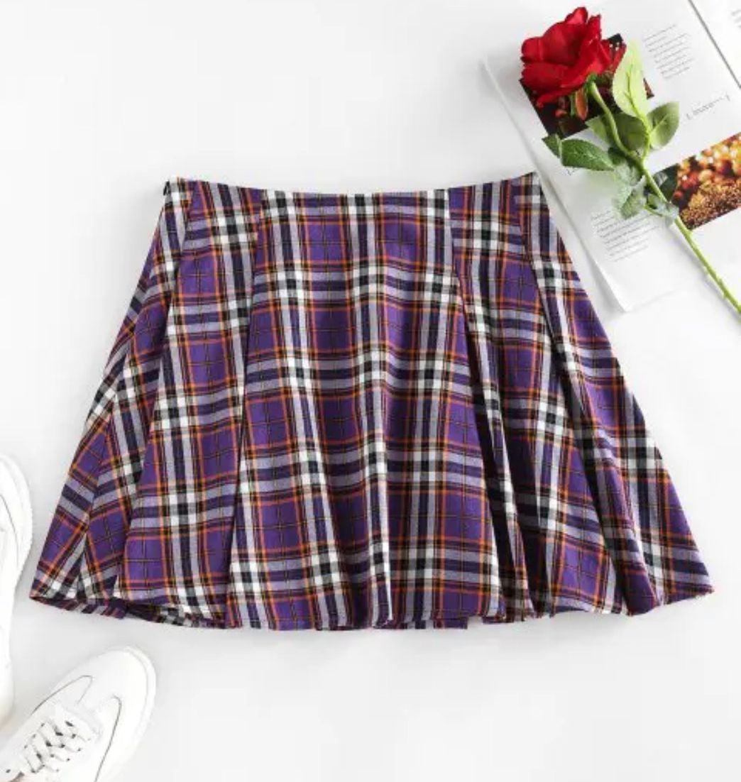 Moda Mini falda plisada morada a cuadros