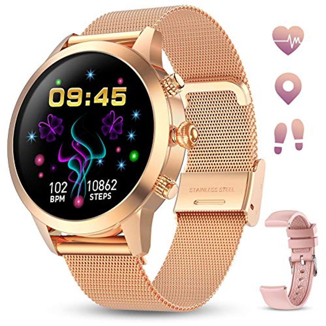 Moda GOKOO Smartwatch Mujer Reloj Inteligente Pulsera de Actividad IP68 Impermeable Pulsómetros Elegante Reloj Inteligente Fitness Reloj Metal Monitoreo del Sueño Notificación Compatible con Android iOS