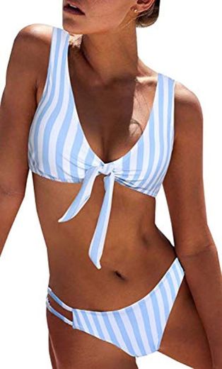 heekpek Bikini Mujer a Rayas Top Triángulo Relleno Braga con Tiras Laterales