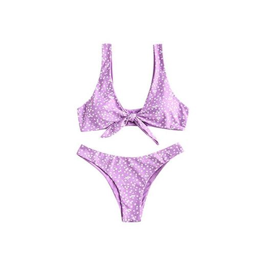 ZAFUL Mujer Flores Bajo Cintura Delantera Bikini Set Dulce Dos Unidades Bañador morado S