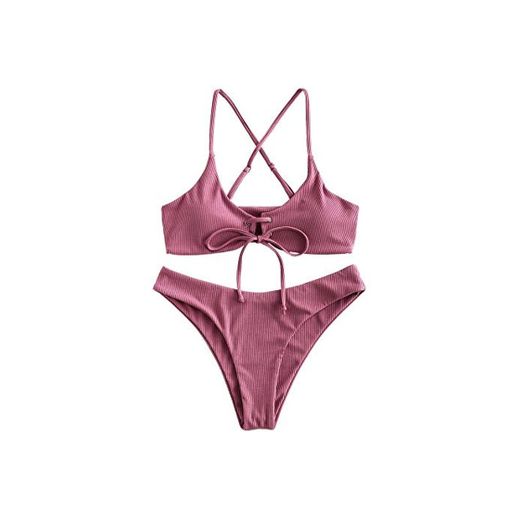 ZAFUL Bikini de corte alto con cordones para mujer Rosa S