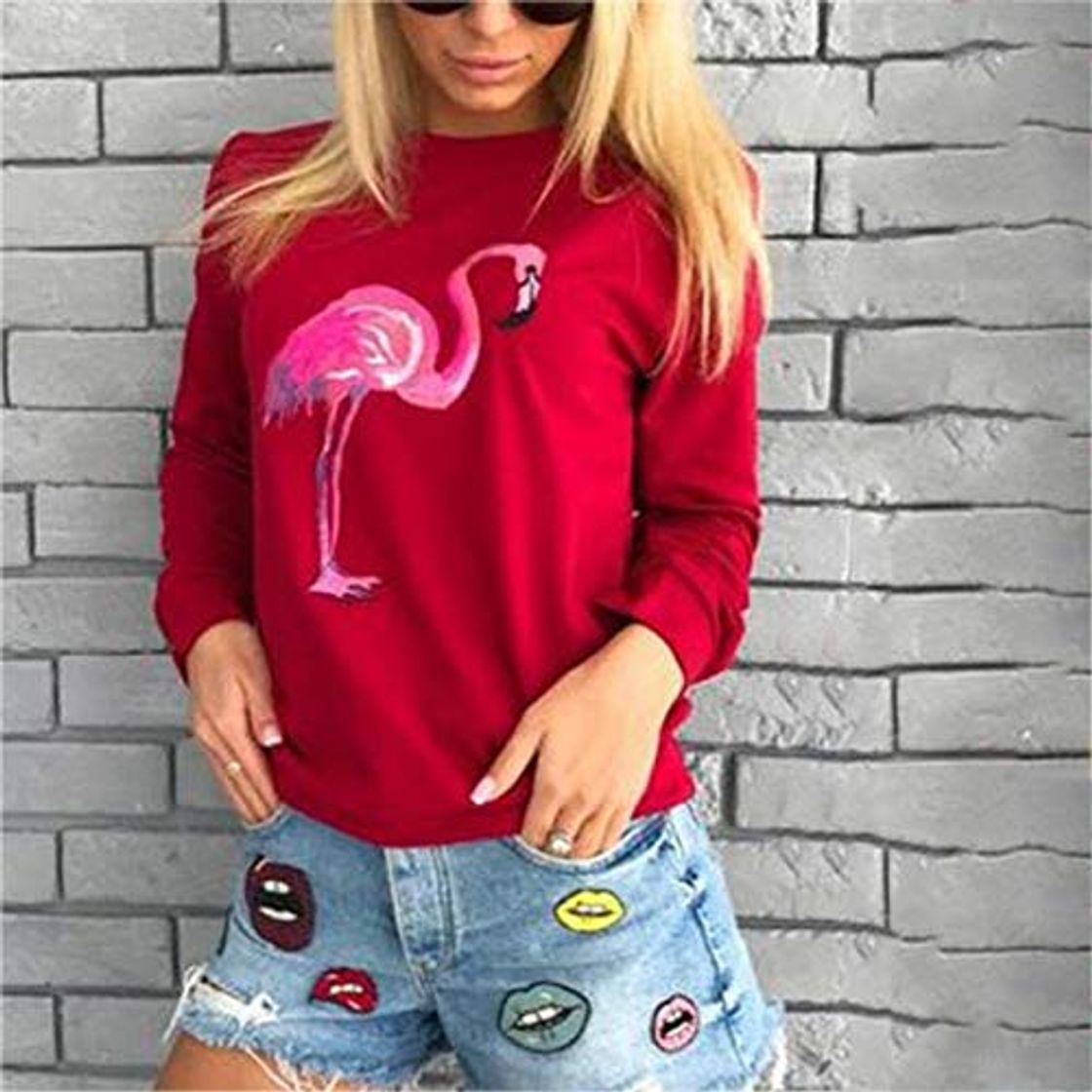 Moda Harajuku Sudaderas con Capucha para Mujer Sudadera con Estampado de Flamenco Tops Casual Cuello Redondo Jersey Rosa Rojo Ropa Femenina Moletom M Rojo