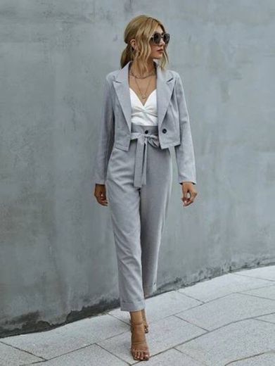 Single Button Crop Blazer & Belted Tailored Pants