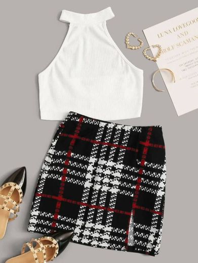 Rib-knit Crop Halter Top & Plaid Skirt Set