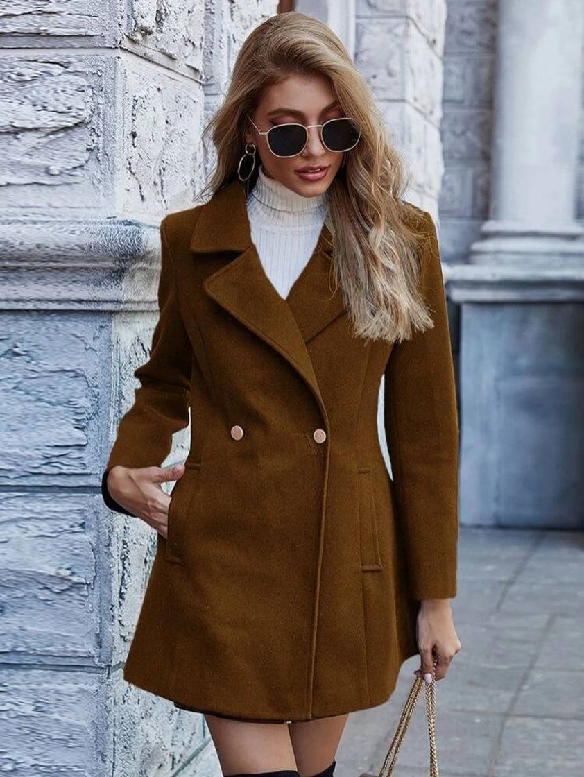 Fashion Solid Lapel Collar Slant Pocket Pea Coat