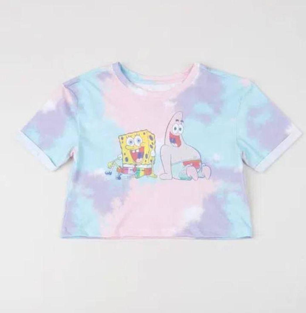 Fashion Blusa Juvenil Cropped Bob Esponja Estampada Tie Dye Manga