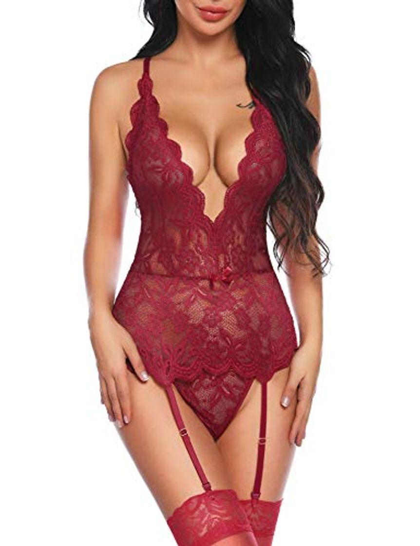 Moda Aranmei Body de Encaje Mujer Conjunto de Lencería Sexy Back Correas Cruzadas