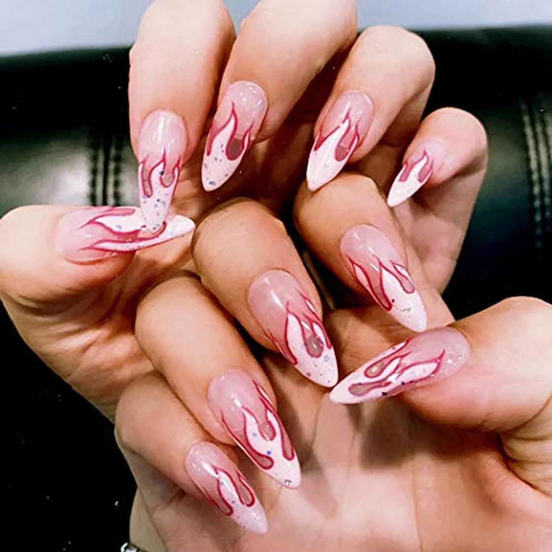Sethexy Lustroso Largo Estilete Uñas postizas Rosado Brillantina Uñas postizas Fuego Diseño artístico Salón Puntas de uñas Cobertura total Acrílico 24 piezas Presione en las uñas para mujeres y niñas