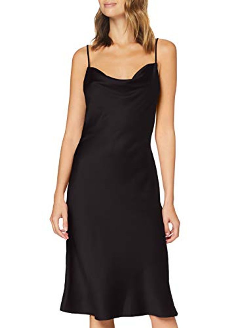 Moda Marca Amazon - find. Vestido Midi de Satén Mujer, Negro