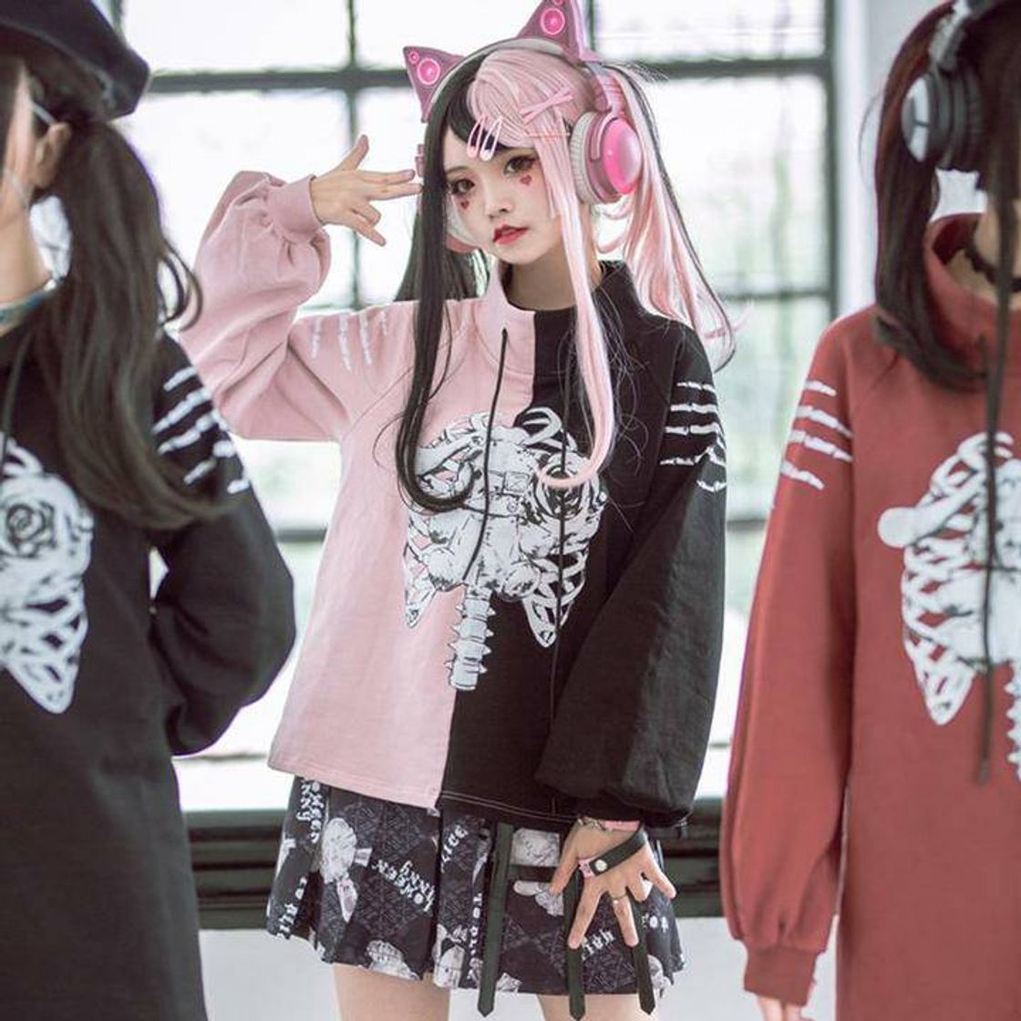 Social RABBIT BONE PRINT COLOR BLOCK STAND COLLAR SWEATSHIRT