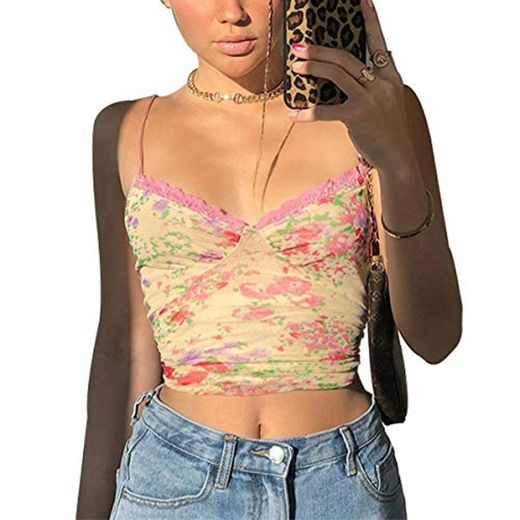Huyghdfb Women's Lace Crop Top Sexy V Neck Spaghetti Strap Tank Top