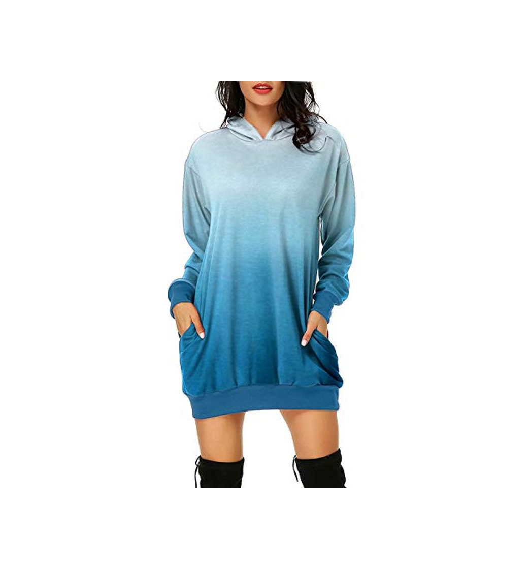 Moda Auxo Mujer Sudadera con Capucha Talla Grande Sudadera Vestido Manga Larga Casual Tie Dye Hoodie Jersey Larga Azul M