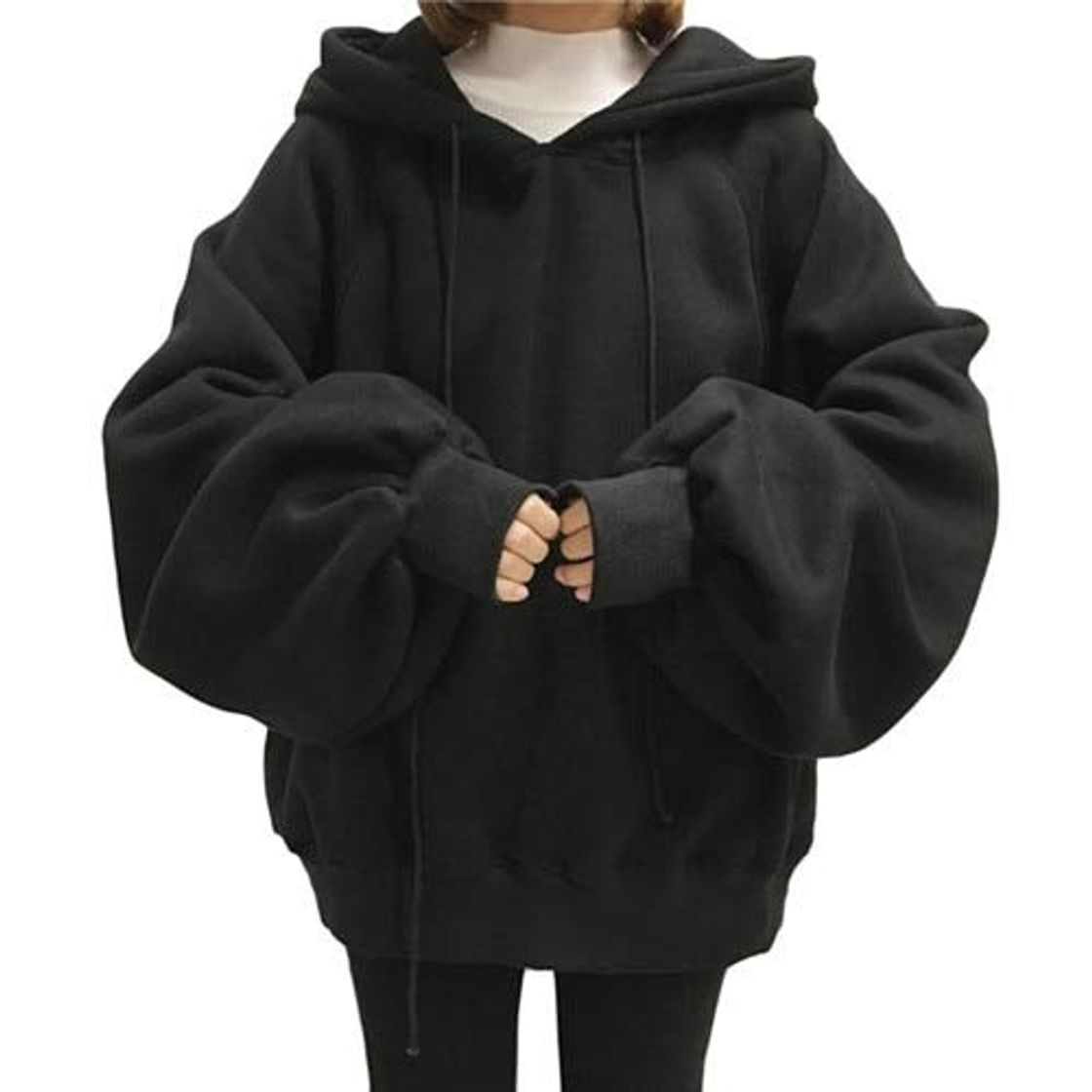 Moda Sudaderas con Capucha de Gran tamaño Harajuku Manga de Linterna Sudadera con Capucha Suelta Tops Otoño Invierno Fleece Warm Female Pullover Moletom XXL Black