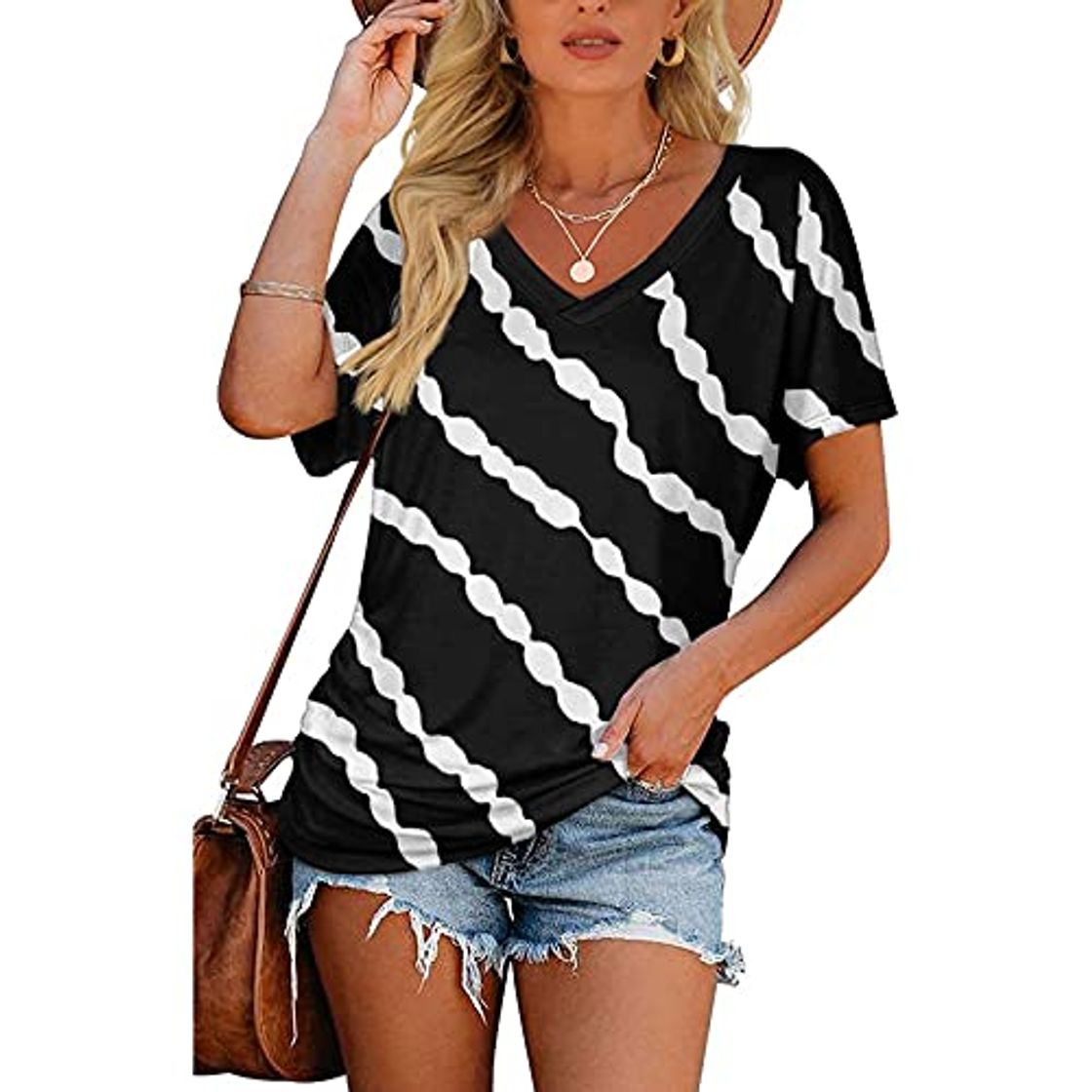 Fashion Rouped Camiseta Cuello V Mujer Oversize Larga Camisetas Manga Corta Escote V