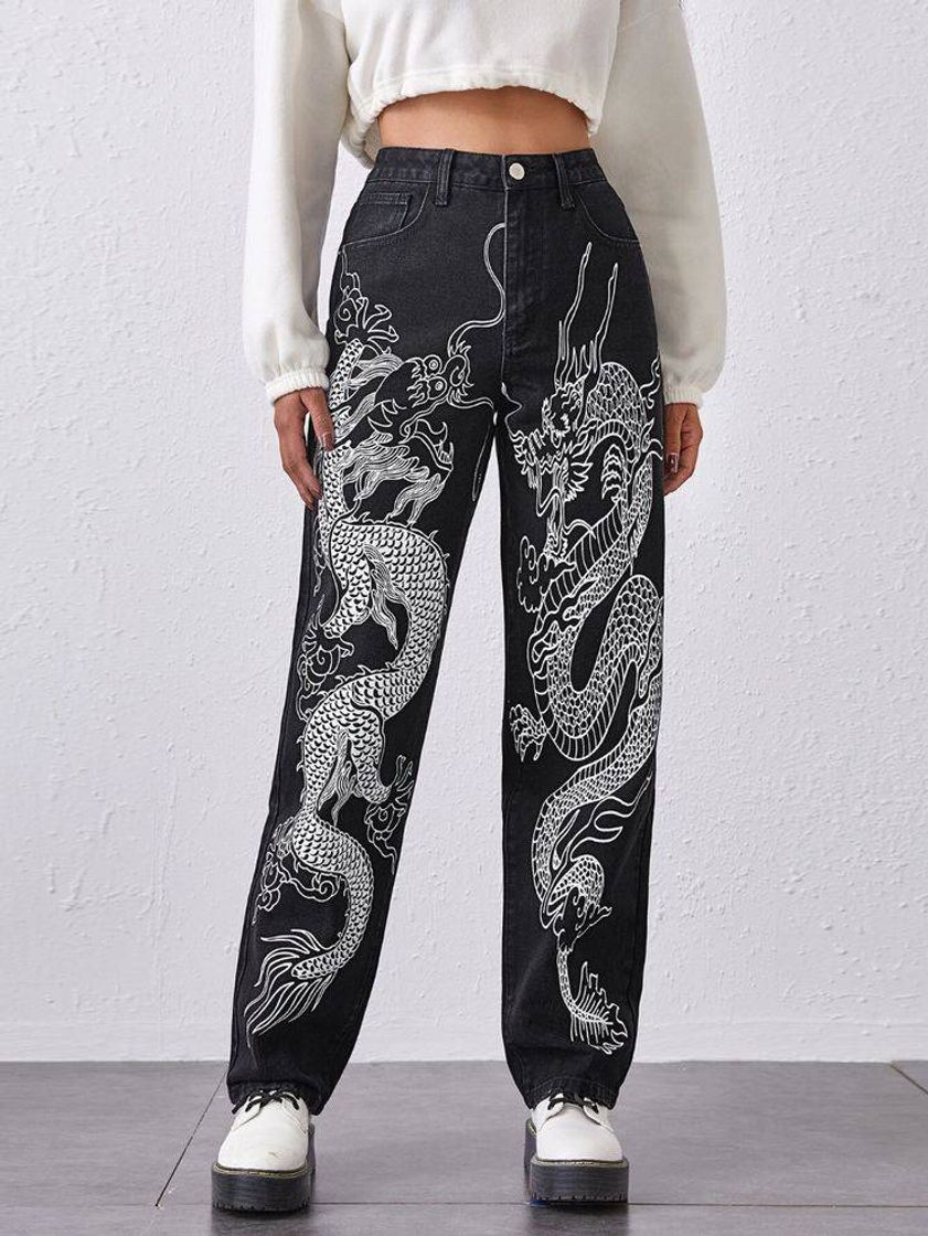 Fashion Botão animal ocasional jeans✨ calça com desenho de dragão ✨