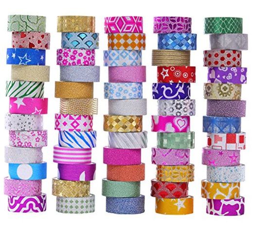Juego de 60 rollos de cinta washi con purpurina, cintas decorativas para manualidades,