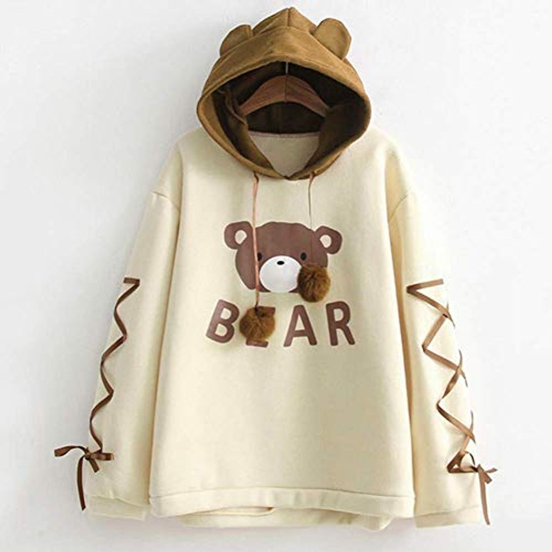 Social Generic Brands 2020 New Wear A Bear Cap Hoodies Sudadera Top Manga Larga para Mujer con una Cinta Bola de Pelo Sudadera con Capucha Linda Sudadera con Capucha Harajuku Sudaderas