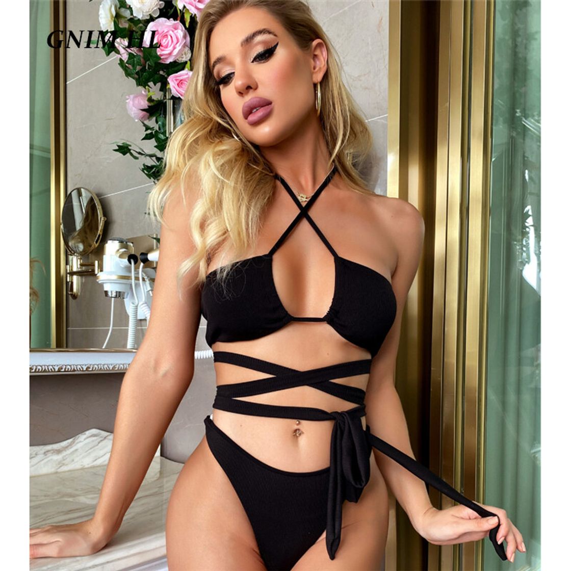 Social Bikini Elegante Traje de Baño Conjunto Bañador Halter Sexy Sólido para Mujer