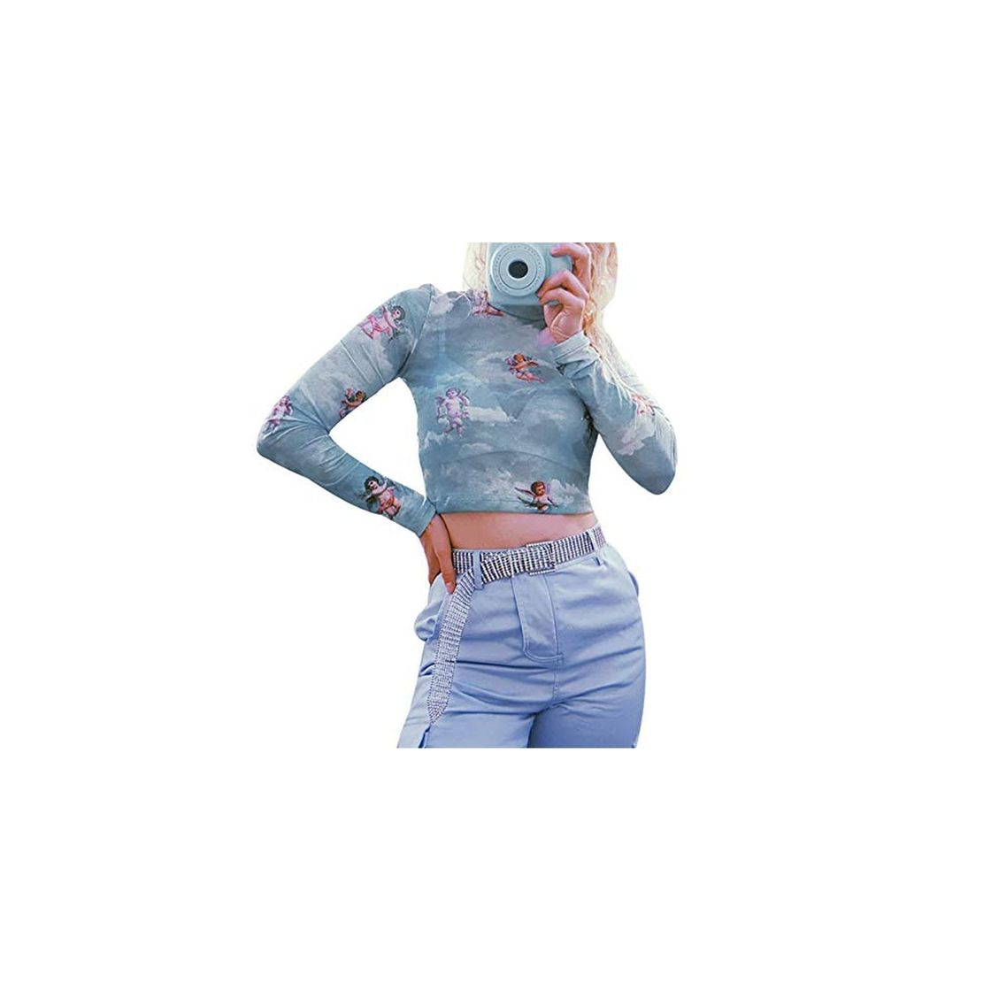 Product Loalirando Crop-Top Transparente Mujer Sexy de Manga Larga con ángeles Impresos Top