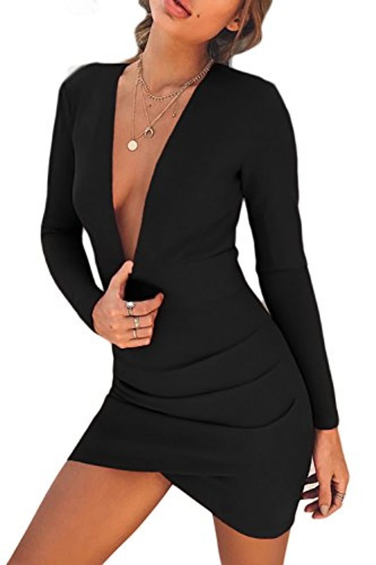Social La Mujer Casual con Cuello En V Profundo Escote En La Espalda Sólida Slim Mini Vestido Bodycon Black S