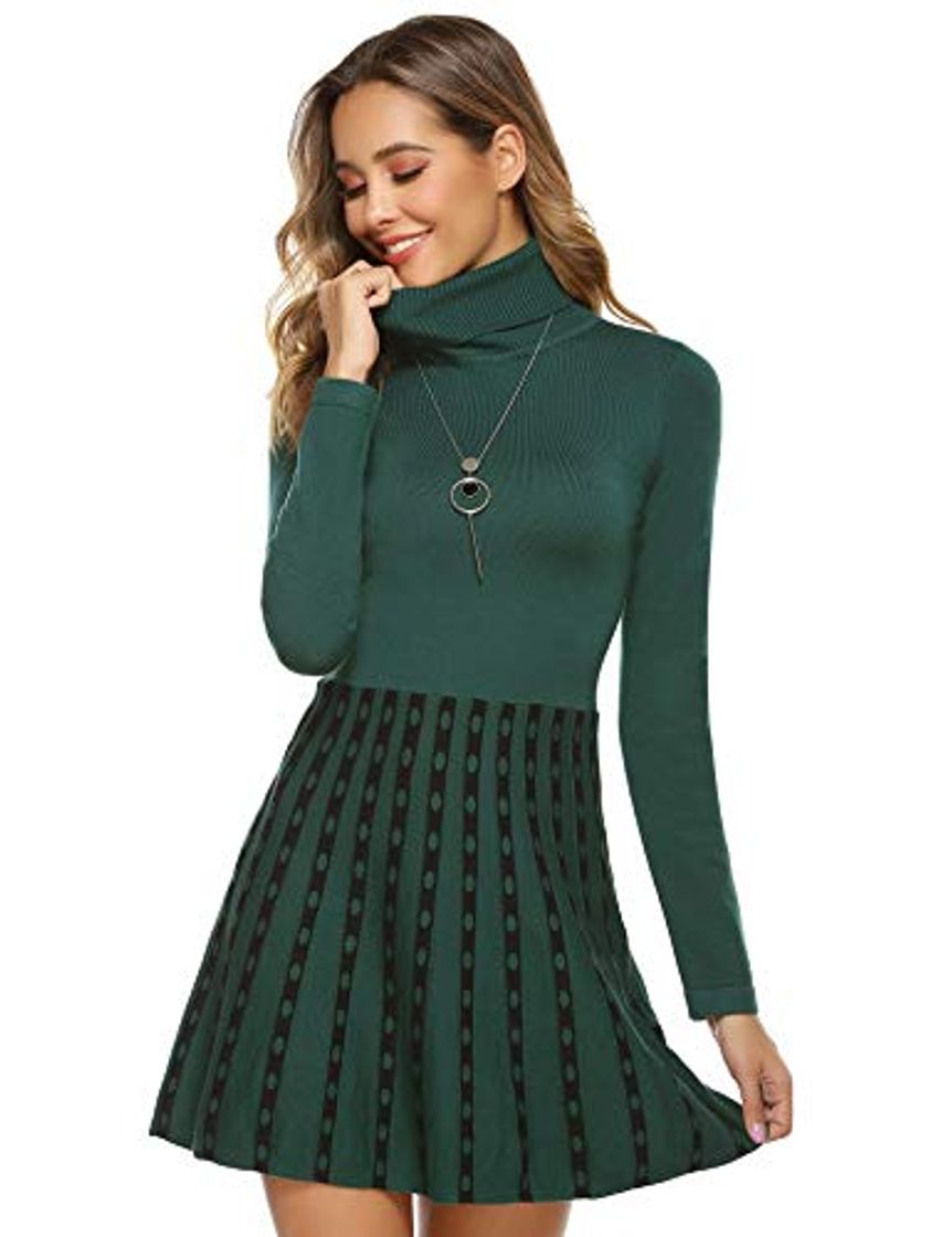 Moda Hawiton Vestido de Punto para Mujer Vestido de Suéter de Cuello Alto Elegante Jersey de Manga Larga de Una Línea para Otoño Invierno