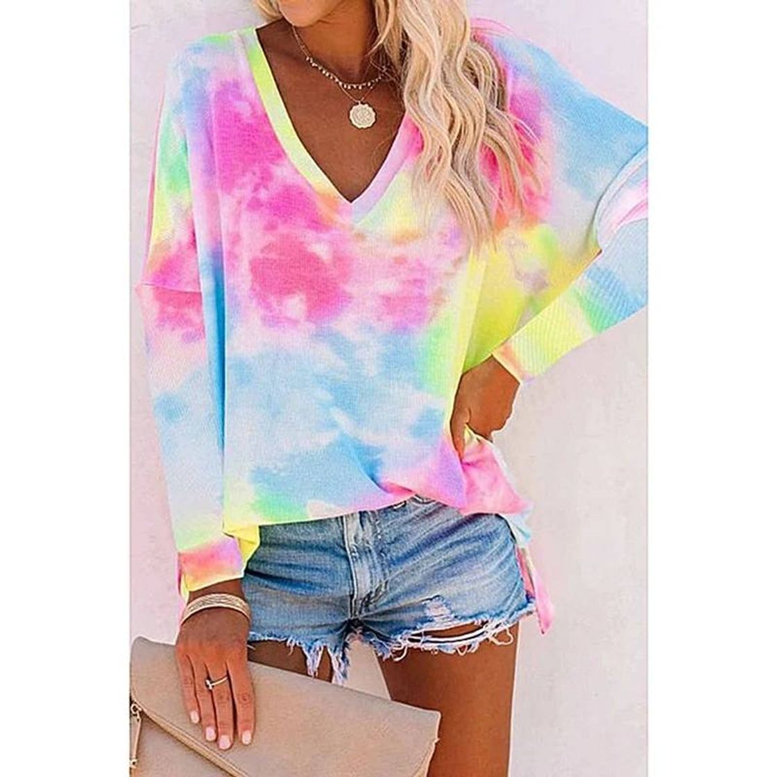 Social Moda feminina casual tie dye decote em v manga comprida