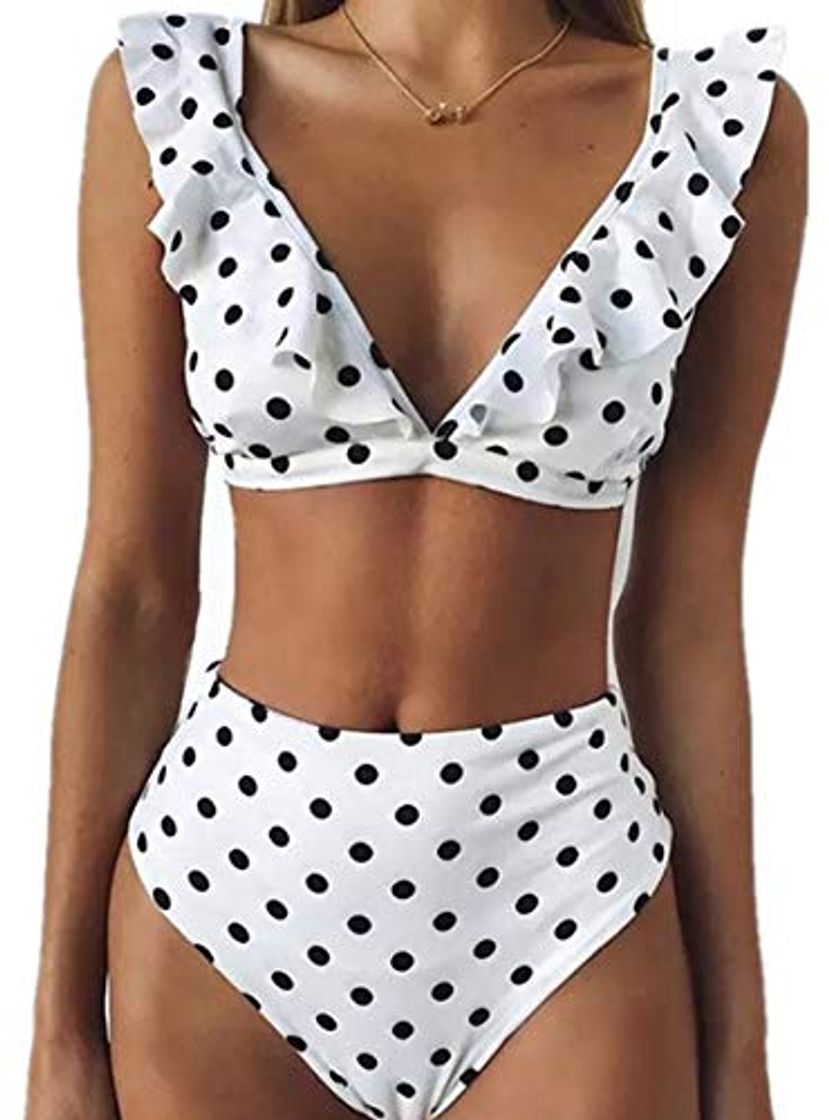 Fashion Mujer Traje de Baño Bikini Punto de Onda Ruffle Conjunto de Bikini