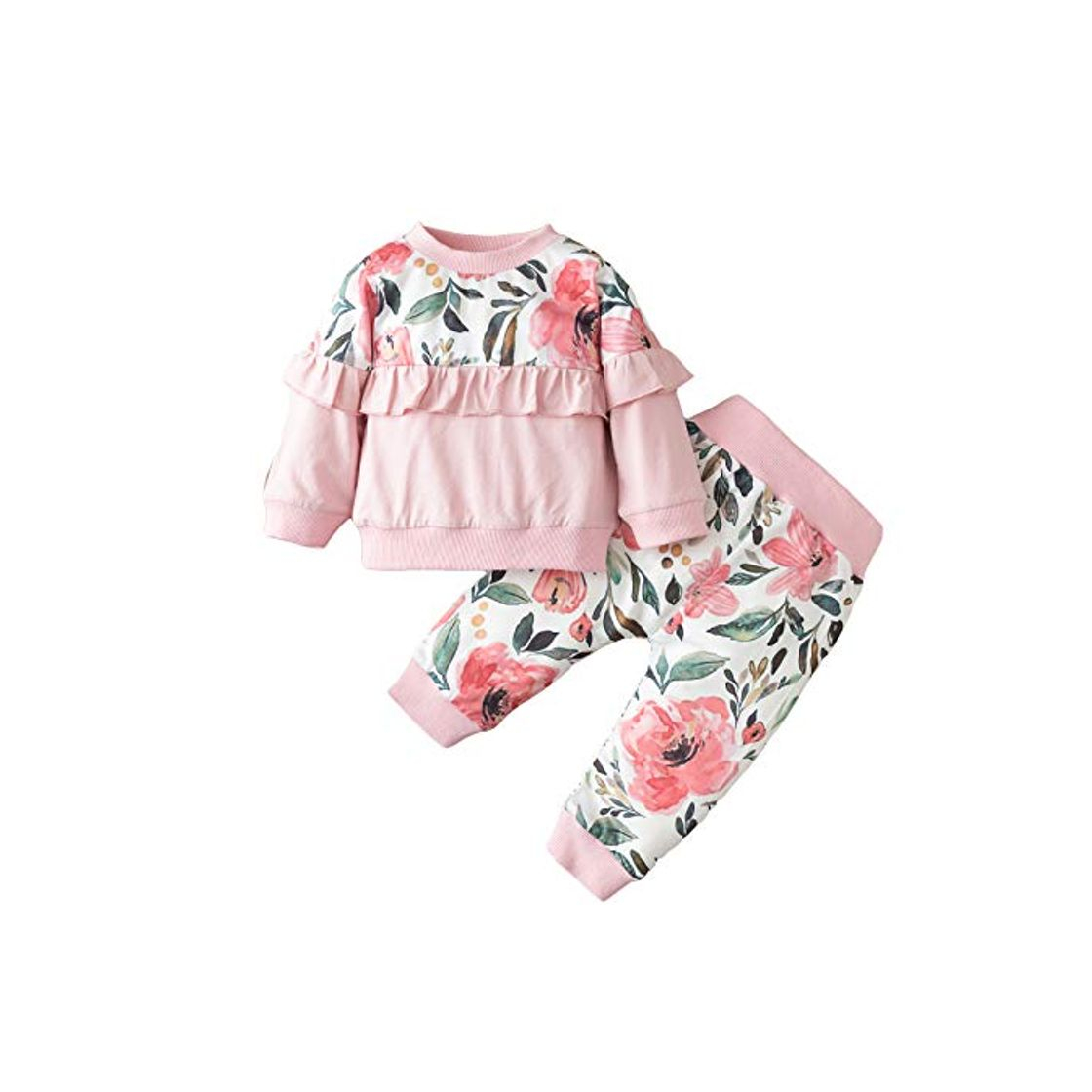 Moda Bebé Niña Ropa Floral Trajes con Volantes Sudadera de Manga Larga Jersey