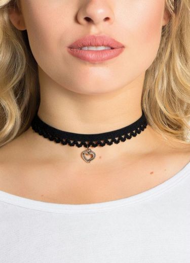 Moda Pop - Choker Preta com Pingente de Coração