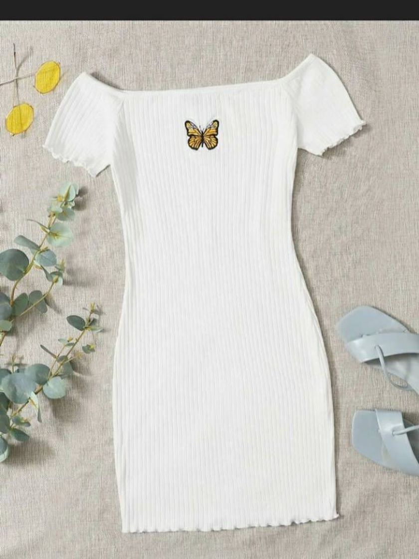 Moda Embroidered Butterfly Graphic Ribbed Dress