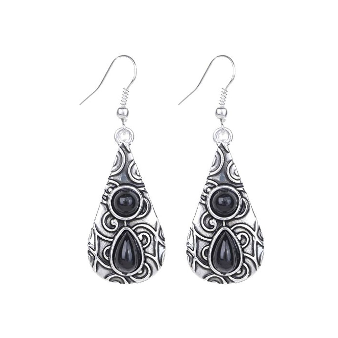 Productos Yazilind vendimia de plata tibetana Negro Ronda Teardrop Resina relieve cuelgan los pendientes del gancho de la gota