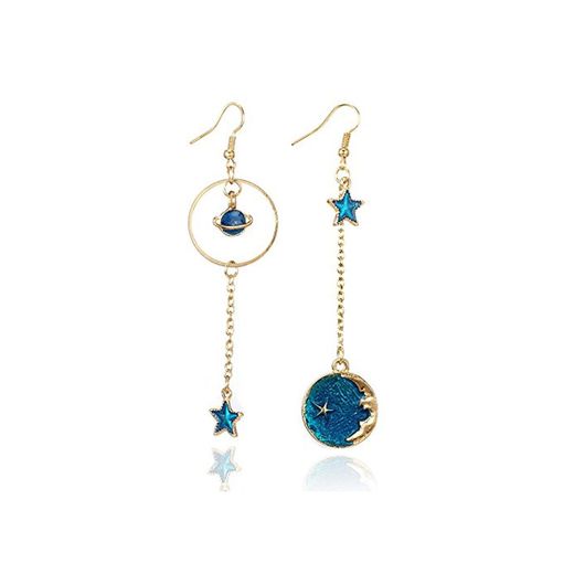 Fossrn Pendientes Mujer largos Brillantes Moda Azul Estrella lunar Pendientes Joyas