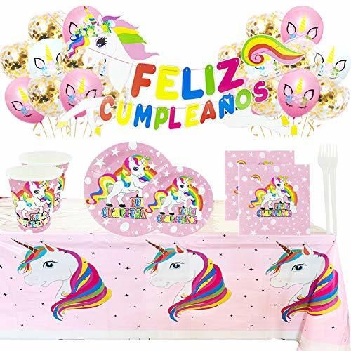 Kit de Artículos para Fiesta Cumpleaños Infantil Unicornio - Vajilla Desechable Rosa