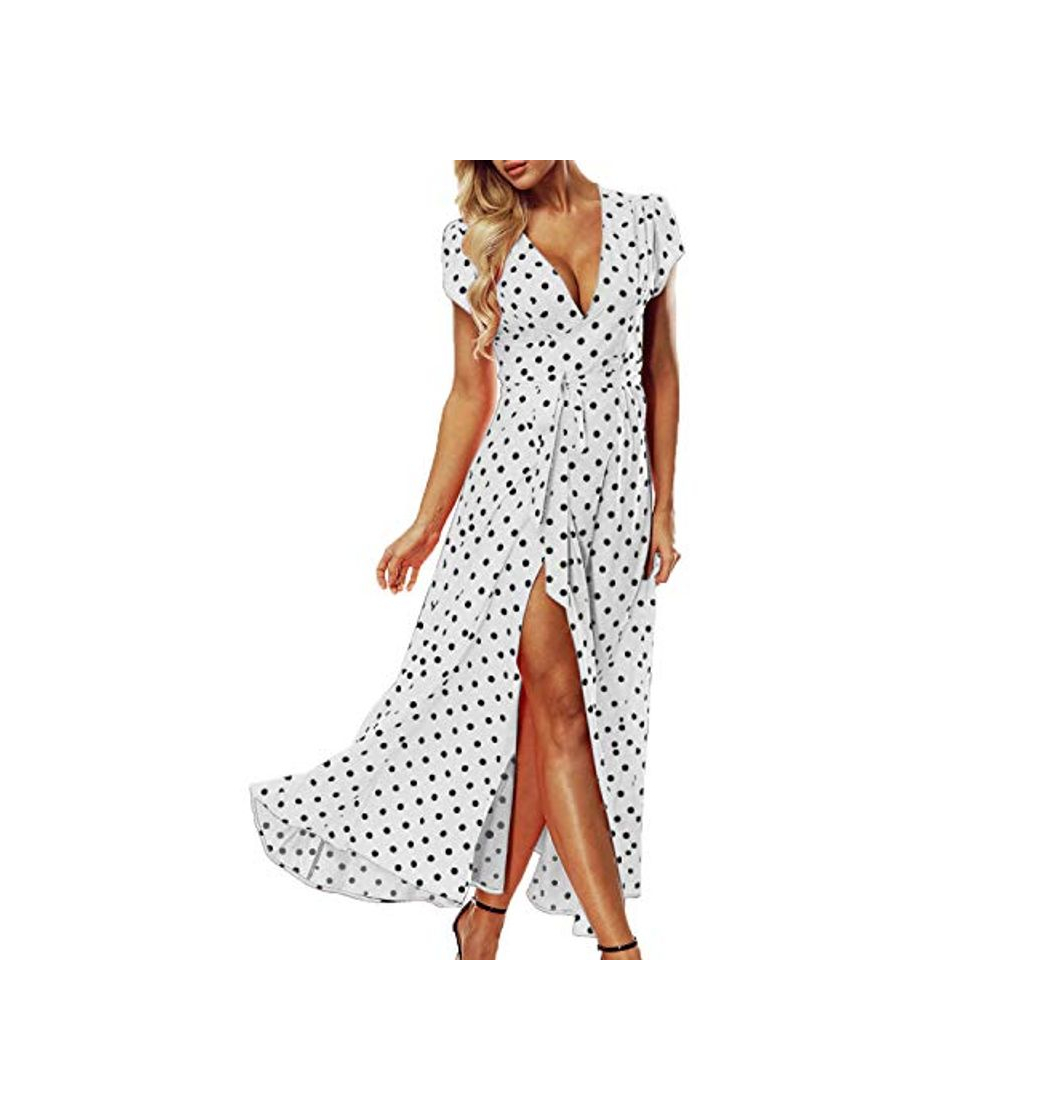 Product ACHIOOWA Mujer Vestido Elegante Casual Playa Bohemio Dress Lunares Cuello V Manga Corta Escote Fiesta Cóctel Falda Larga Blanco M