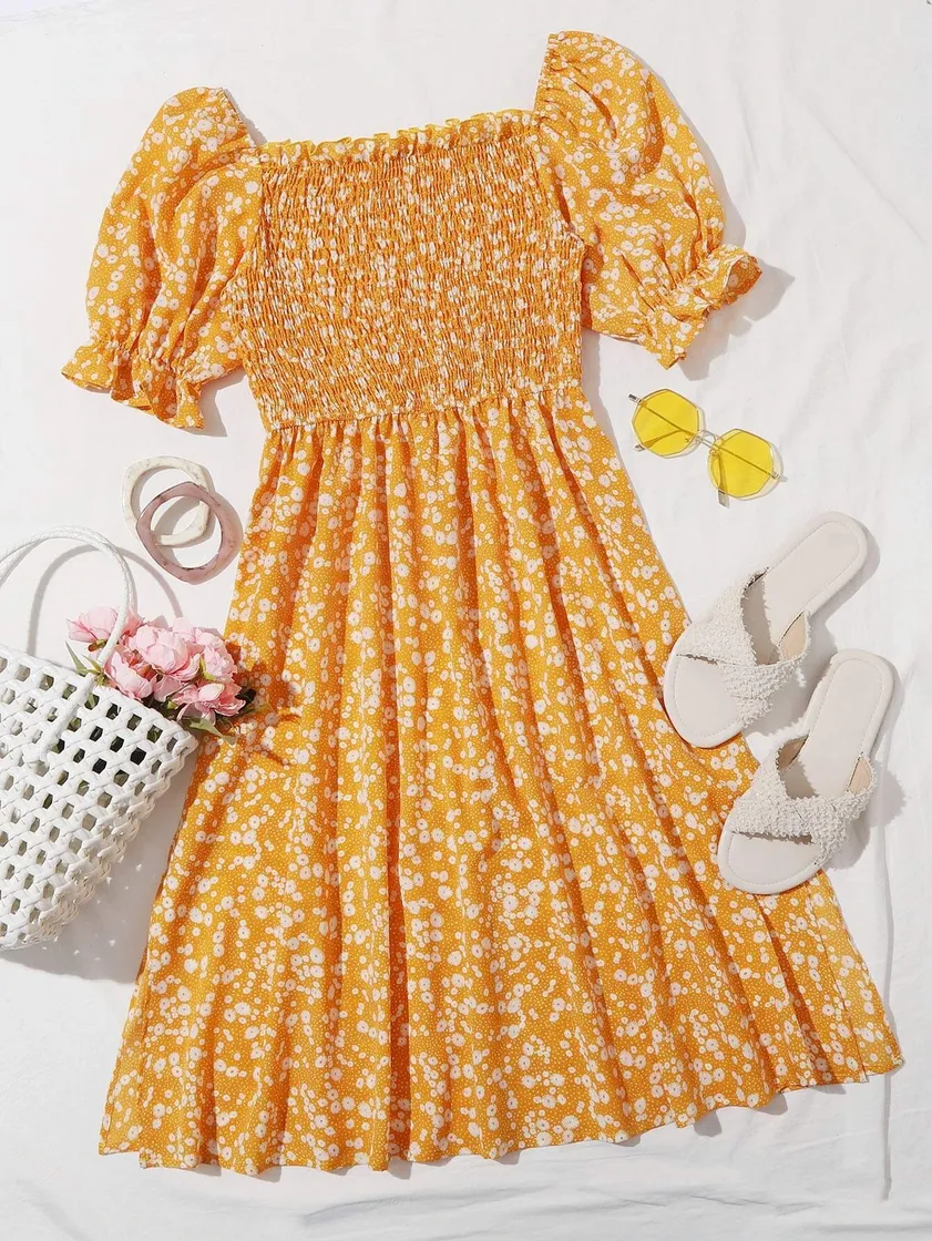 Social Ditsy Floral Shirred Puff Sleeve Flared Dress