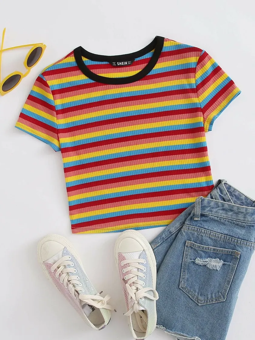 Moda Contrast Neck Rainbow Striped Top | SHEIN USA