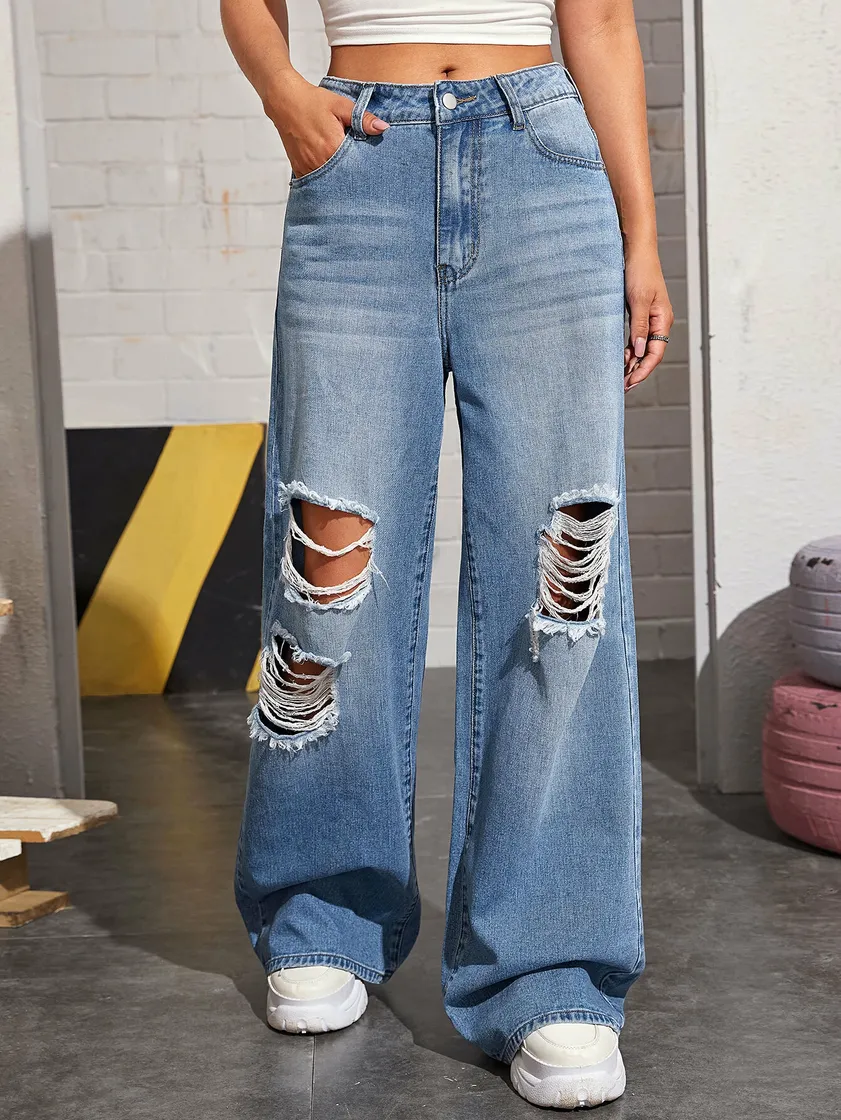 Fashion High Waisted Distressed Baggy Jeans Without Bag | SHEIN USA