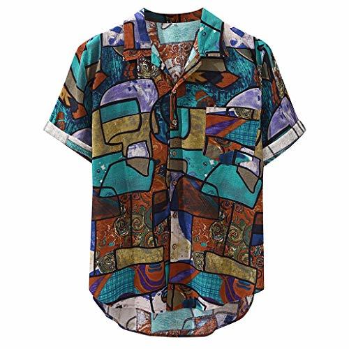 Moda Zarupeng✦‿✦ Hombres Vintage Colorido Étnico Floral Impreso Manga Corta Camisas Casuales Sueltas