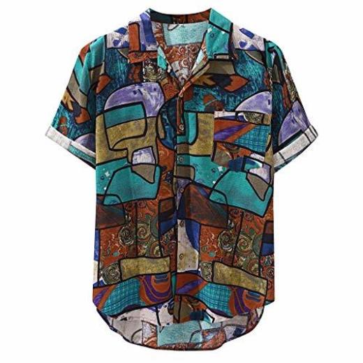 Zarupeng✦‿✦ Hombres Vintage Colorido Étnico Floral Impreso Manga Corta Camisas Casuales Sueltas